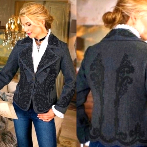 Soft Surroundings Jackets & Blazers - Soft Surroundings Eaton Manor Gray Black Embroidered Herringbone Blazer